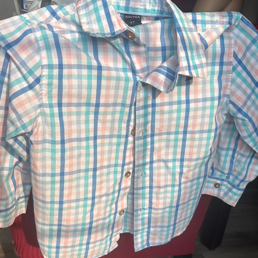 Nautica Blue and Pink Button Down Shirt Plaid Design